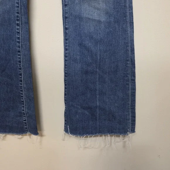 Mother The Weekender Fray Faded Flare Blue Walking On Coals Jeans 31x30 Raw Hem